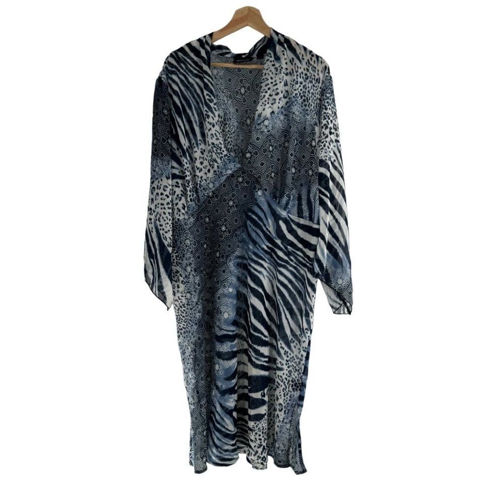 Avenue Blue White Mixed Animal Print Sheer Swim Cover Up Duster Size 30/32